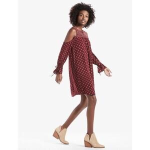 Lucky Brand Women's Size XS Cold Shoulder Printed Dress Long Sleeve Burgundy